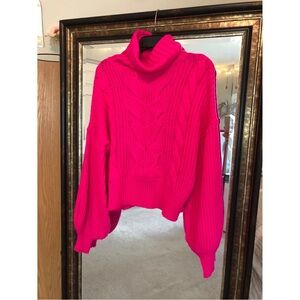 Fashion Nova Pink Cable Knit Cowl Turtleneck Sweater with Puff Sleeves